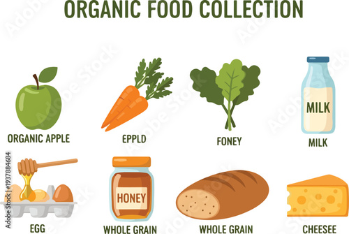 Image features various organic food illustrations with labels arranged in a collection format against a white background