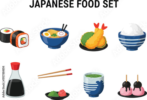 Japanese food icons sushi rolls ramen tempura rice bowl soy sauce chopsticks wasabiginger tea dango