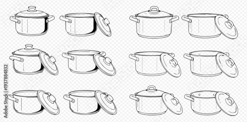 Set of hand-drawn cooking pots with lids, kitchen utensils sketch illustration.