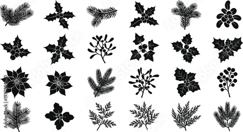 Black silhouettes of various holiday plants and flowers