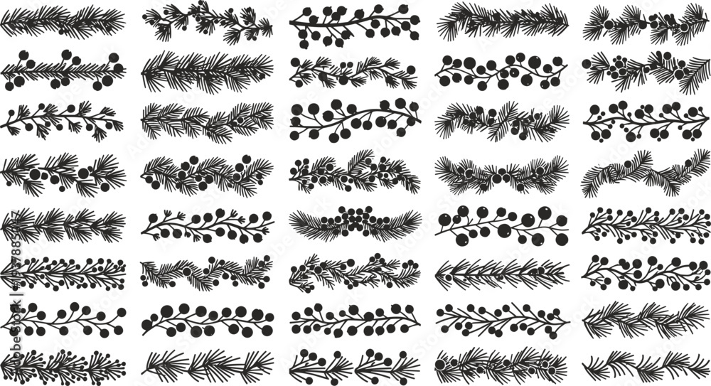 Fototapeta premium Black silhouettes of various pine branches with berries on white background