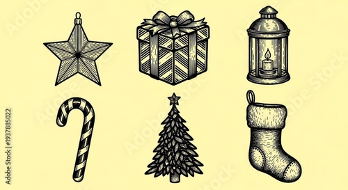 Christmas decorations including star, gift, lantern, candy, tree, and stocking