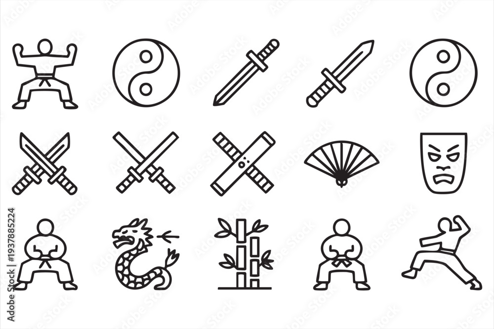 Fototapeta premium Martial Arts Weapon And Fighter Icon Pack In Minimal Style