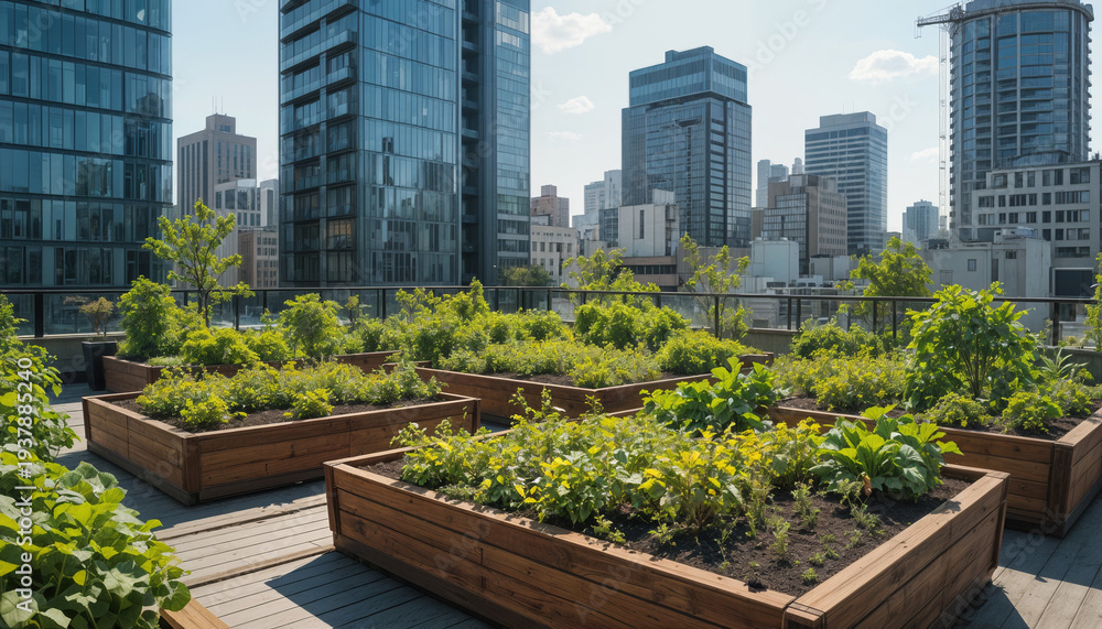 Fototapeta premium Urban gardening initiative rooftop garden contemporary cityscape green environment aerial view sustainable living