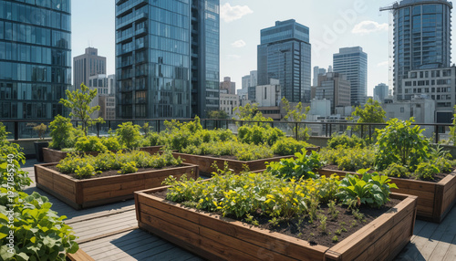 Urban gardening initiative rooftop garden contemporary cityscape green environment aerial view sustainable living