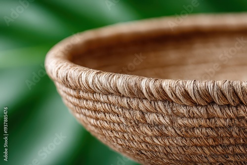 A close-up shot of a woven basket, highlighting its intricate texture and natural color, sitting against a blurred green leaf background, creating a serene and organic feel.