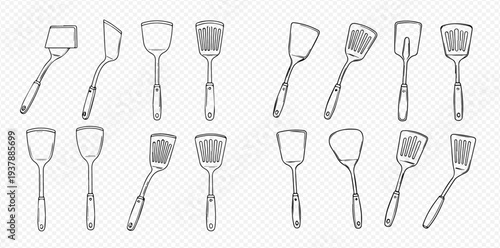 Set of hand-drawn kitchen spatulas, cooking utensils, and kitchenware for culinary arts and food preparation.