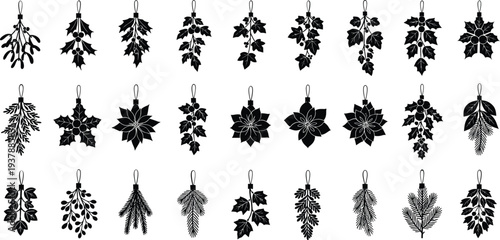Collection of elegant black Christmas ornaments and decorations