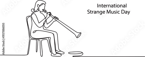 A woman plays the glucophone while sitting on a chair. International Strange Music Day. One line drawing for different uses Editable stroke