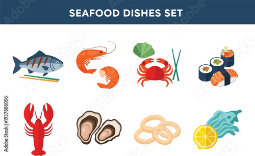 Set of eight seafood dishes including fish shrimp crab sushi lobster oysters squid rings and lemon