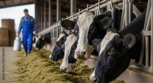Close up of cows eating green fodder in a stable with a farmer carrying a milk can in the background. Modern dairy farm, livestock husbandry, animal welfare, and milk production industry.