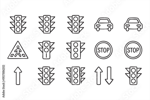 Road Safety and Traffic Light Outline Icons with Cars and Direction Arrows