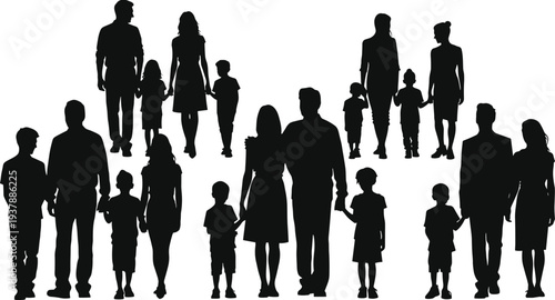 Black Silhouettes of Diverse Families with Parents and Children of Different Ages Walking Together and Holding Hands Isolated on White Background for Vector Design