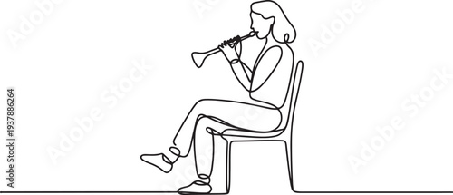 A woman plays the glucophone while sitting on a chair. International Strange Music Day. One line drawing for different uses Editable stroke