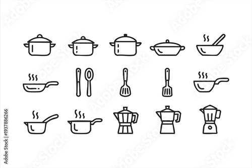 Restaurant Cooking Tools and Kitchenware Line Icon Set for Menu Design