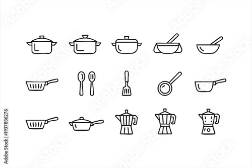 Cookware and Kitchen Tools Line Icons for Cooking and Food Preparation