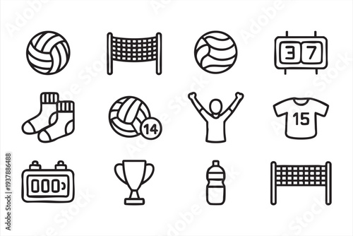 Minimal Volleyball Sports Icons with Ball Net Jersey and Trophy