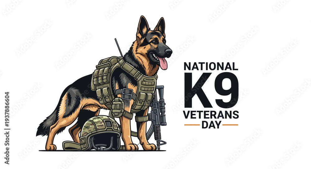 custom made wallpaper toronto digitalIllustration of a German Shepherd military dog with a handler, commemorating National K9 Veterans Day with a patriotic design on a clean white background.