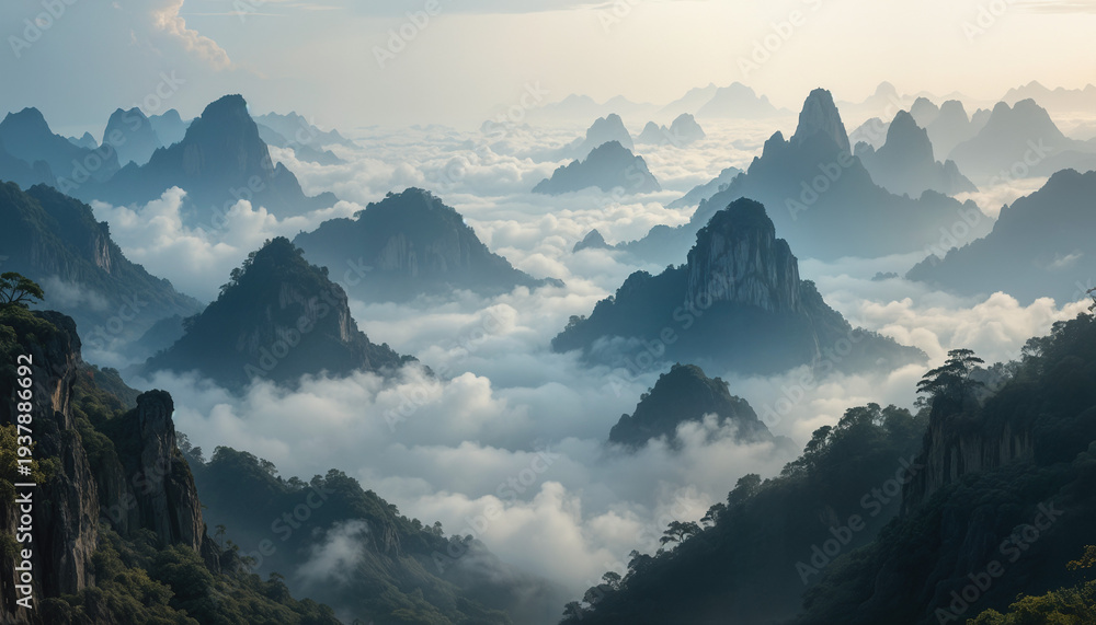 Obraz premium Majestic mountain sunrise misty valley nature photography serene landscape wide angle tranquility and beauty