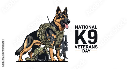 Illustration of a German Shepherd military dog with a handler, commemorating National K9 Veterans Day with a patriotic design on a clean white background.
