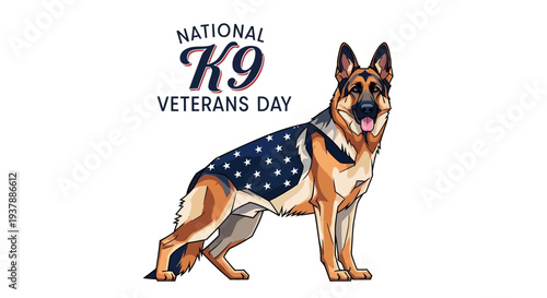 Illustration of a German Shepherd dog wearing a patriotic vest for National K9 Veterans Day, with bold typography on a clean white background.