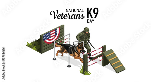 Illustration of a military dog and handler in action on National K9 Veterans Day with an American flag background and obstacle course elements.
