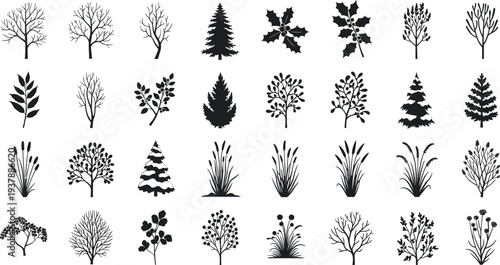 Collection of various black tree silhouettes on white background
