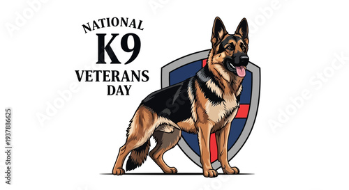 Illustration of a German Shepherd dog standing proudly in front of a shield on National K9 Veterans Day with a commemorative design.