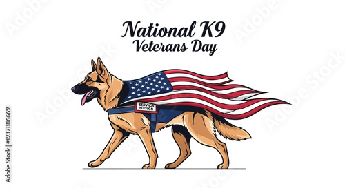 Vector illustration of a German Shepherd military dog wearing an American flag cape for National K9 Veterans Day with a patriotic design element.