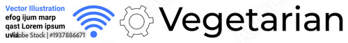 Wireless signal waves in blue next to a gray gear icon followed by bold Vegetarian text. Ideal for technology, innovation, connectivity, mechanical systems, minimalism, networking, simple landing