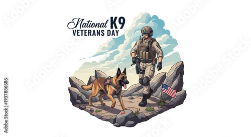 Illustration of a military dog handler and K9 service dog on a rocky terrain with an American flag, celebrating National K9 Veterans Day with a heroic mood and earthy tones.