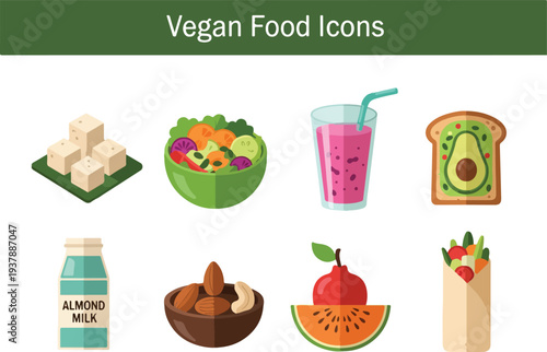 Vegan food icons tofu salad smoothie avocado toast almond milk nuts pearmelon wrap