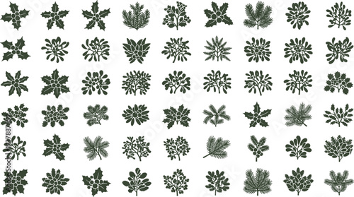 Dark green Christmas foliage icons including holly and mistletoe