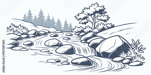 A small stream with rocks and grass Vector