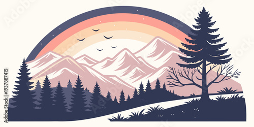 Sunset over mountains with pine trees on a hill Vector