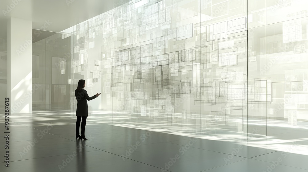 Fototapeta premium A person interacting with a large, translucent, digital display in a modern, minimalist space