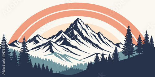 A mountain landscape with a sunset and trees Vector