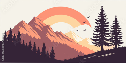 Sunset over mountains with trees in the foreground Vector