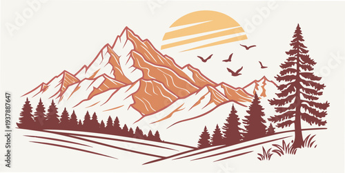 A serene mountain landscape at sunrise with trees and birds Vector