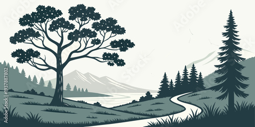 A serene landscape with trees and mountains Vector