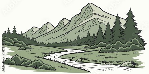 A serene mountain landscape with a winding river Vector
