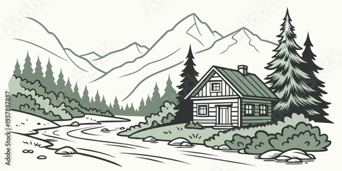 A small cabin in a snowy mountain landscape Vector