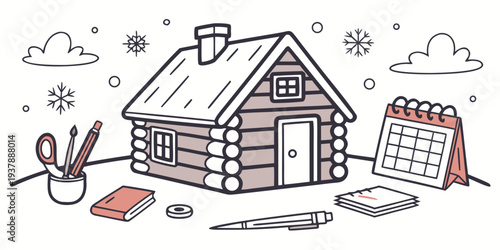A log cabin with a calendar and office supplies Vector