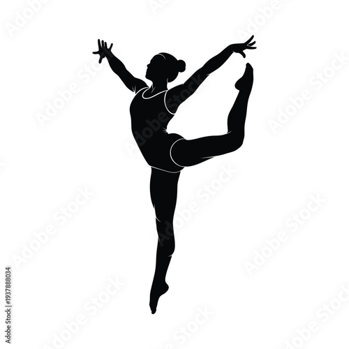 Silhouette of a woman dancing in a graceful pose with arms outstretched and leg raised high on a plain white background