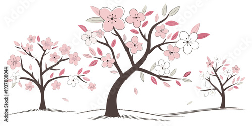 A tree with pink flowers and two smaller trees Vector