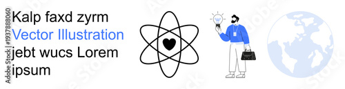 Education, technology, innovation, scientific discovery, global concepts, personal growth. Central atom symbol with heart, man holding lightbulb globe background. Innovation and education