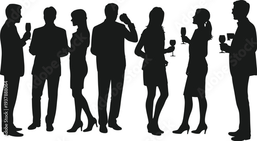 Business people party silhouettes, corporate networking event with wine glasses flat vector illustration isolated collection design