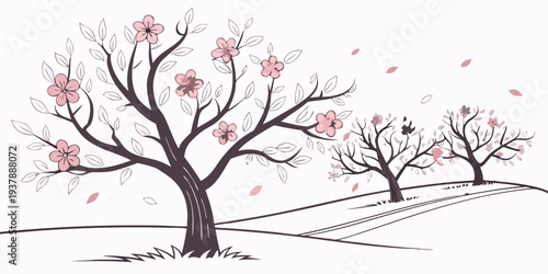 A drawing of trees with pink flowers blowing in the wind Vector