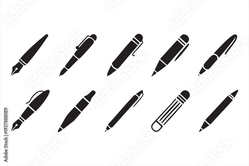 Writing Instruments Silhouette Icon Set for School and Office Supplies