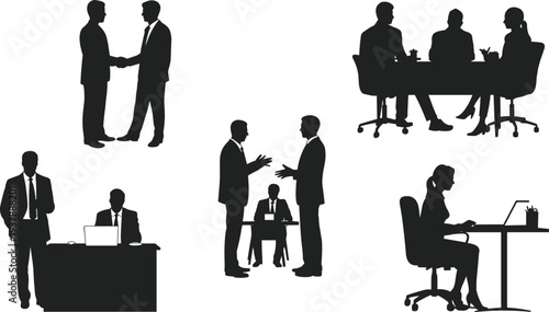 Business people silhouettes collection, corporate meeting handshake teamwork office work scenes, professional workplace communication collaboration concept illustration set